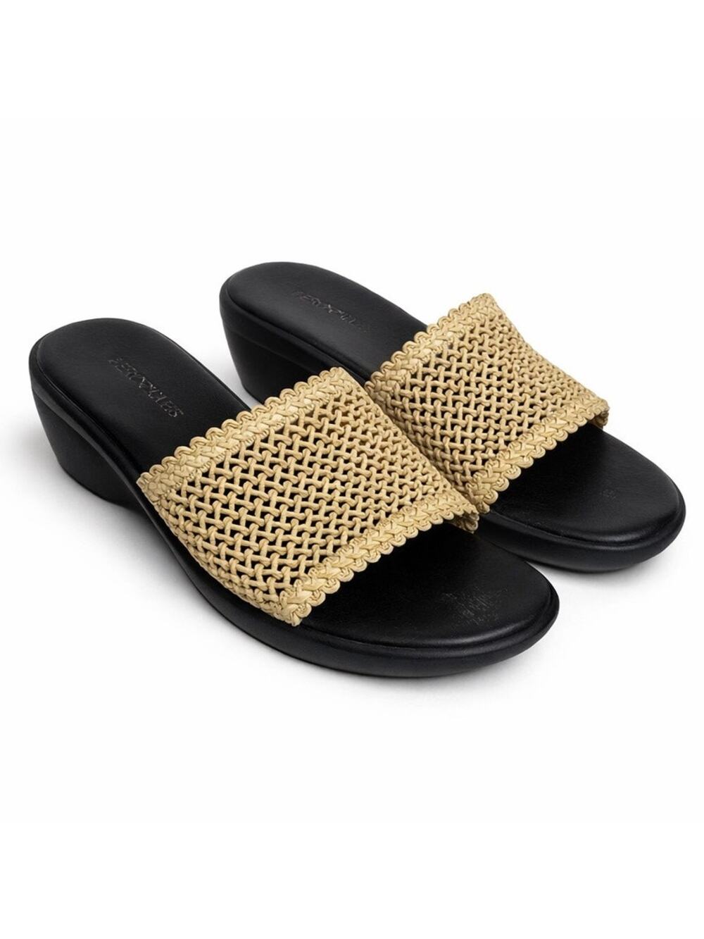 Aerosoles Raffia Wedge Slide Sandals | Black & Tan Woven Strap | Size 8.5M